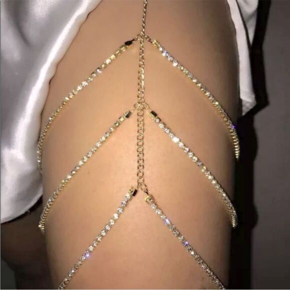 Gold Rhinestone Multi Layered Thigh Body Chain  NEW - Picture 1 of 5